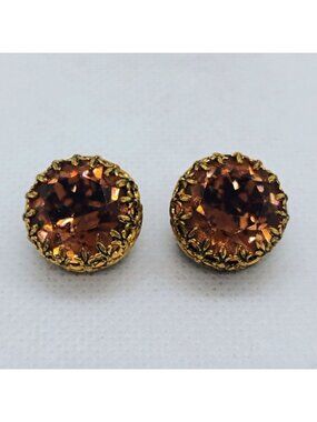 Vtg Austrian Amber Rhinestone Clip On Earrings Made In Austria Round